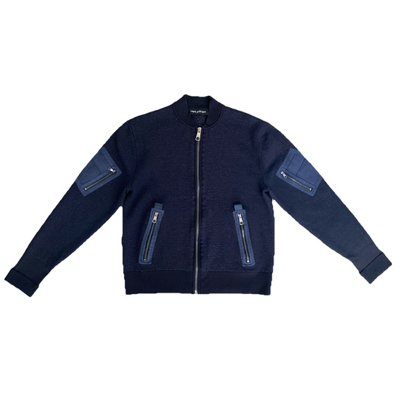 NEIL BARRETT Knit Bomber Jacket Navy Zip Front Pockets Slim Fit Long Sleeve XL - Picture 3 of 11